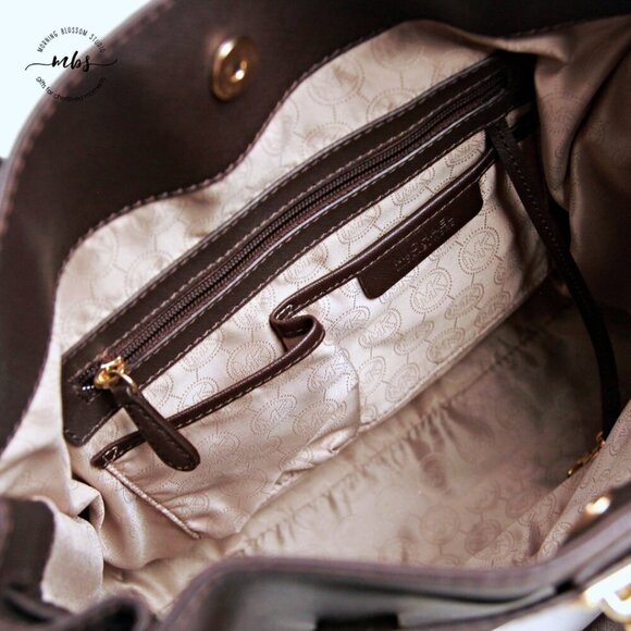 Michael Kors Hamilton Saffiano Chain Leather Brown Gold Shoulder Tote Bag Duster - Picture 10 of 16